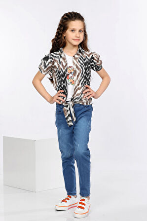 Mornio Dalga Desen Baskılı Alttan Bağlamalı Renkli Gömlek, Tişört ve Kot Pantolon 3 lü Takım MRN2407