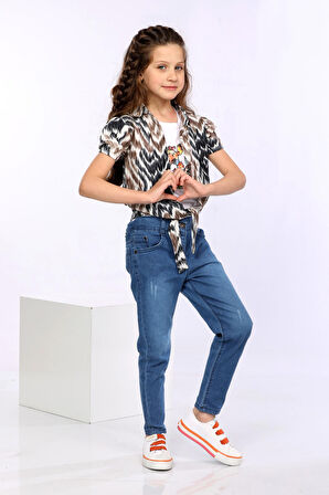 Mornio Dalga Desen Baskılı Alttan Bağlamalı Renkli Gömlek, Tişört ve Kot Pantolon 3 lü Takım MRN2407