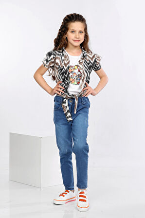 Mornio Dalga Desen Baskılı Alttan Bağlamalı Renkli Gömlek, Tişört ve Kot Pantolon 3 lü Takım MRN2407