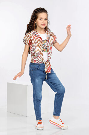 Mornio Dalga Desen Baskılı Alttan Bağlamalı Renkli Gömlek, Tişört ve Kot Pantolon 3 lü Takım MRN2407