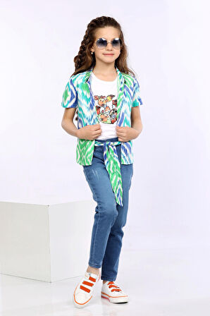 Mornio Dalga Desen Baskılı Renkli Gömlek, Tişört ve Kot Pantolon 3 lü Takım MRN2408