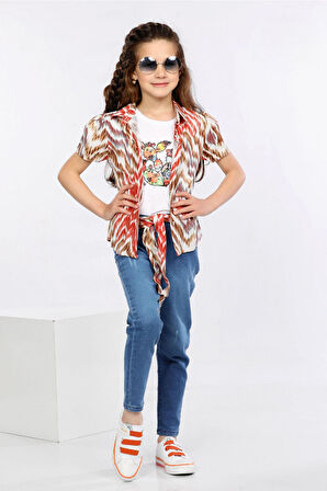 Mornio Dalga Desen Baskılı Renkli Gömlek, Tişört ve Kot Pantolon 3 lü Takım MRN2408