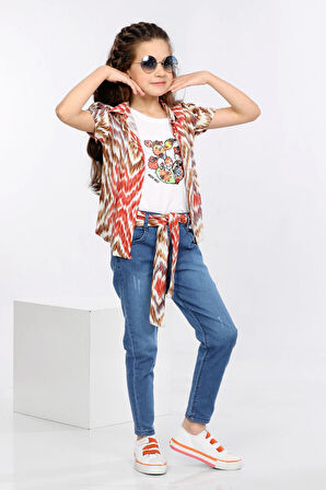 Mornio Dalga Desen Baskılı Renkli Gömlek, Tişört ve Kot Pantolon 3 lü Takım MRN2408