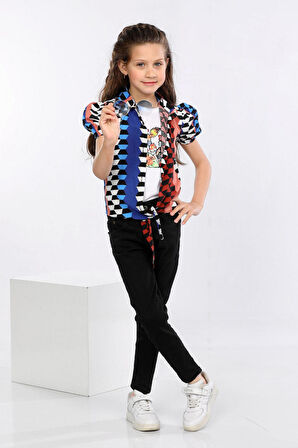 Mornio Geometrik Desen Baskılı Alttan Bağlamalı Renkli Gömlek, Tişört ve Kot Pantolon 3 lü Takım MRN2409