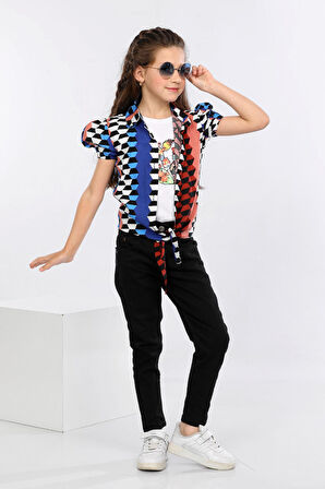 Mornio Geometrik Desen Baskılı Alttan Bağlamalı Renkli Gömlek, Tişört ve Kot Pantolon 3 lü Takım MRN2409