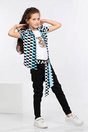 Mornio Geometrik Desen Baskılı Renkli Gömlek, Tişört ve Kot Pantolon 3 lü Takım MRN2410