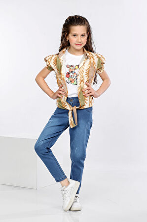 Mornio Yaprak Desen Baskılı Alttan Bağlamalı Renkli Gömlek, Tişört ve Kot Pantolon 3 lü Takım MRN2411