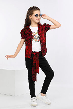 Mornio Etnik Desen Baskılı Renkli Gömlek, Tişört ve Kot Pantolon 3 lü Takım MRN2414