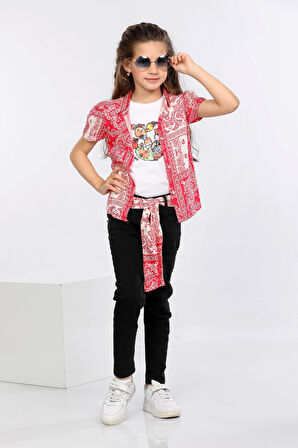 Mornio Etnik Desen Baskılı Renkli Gömlek, Tişört ve Kot Pantolon 3 lü Takım MRN2414