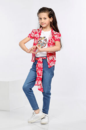 Mornio Yazı Desen Baskılı Renkli Gömlek, Tişört ve Kot Pantolon 3 lü Takım MRN2418