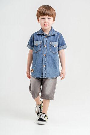 Hola Kids İkili Takım Yumuşak Kot Gömlek ve Kot Kapri Erkek Çocuk HLK5060164