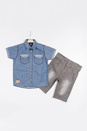 Hola Kids İkili Takım Yumuşak Kot Gömlek ve Kot Kapri Erkek Çocuk HLK5060164