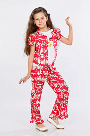 Mornio Kız Çocuk 3'lü Takım Bağlamalı Gömlek-T-shirt ve Geniş Paça Pantolon MRN2421