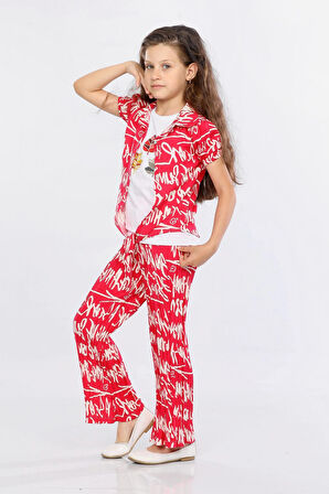 Mornio Kız Çocuk 3'lü Takım Bağlamalı Gömlek-T-shirt ve Geniş Paça Pantolon MRN2421