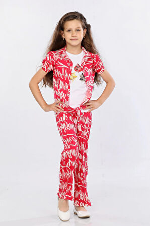 Mornio Kız Çocuk 3'lü Takım Bağlamalı Gömlek-T-shirt ve Geniş Paça Pantolon MRN2421