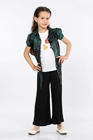 Mornio Kız Çocuk 3'lü Takım Bağlamalı Gömlek-T-shirt ve Geniş Paça Pantolon MRN2422