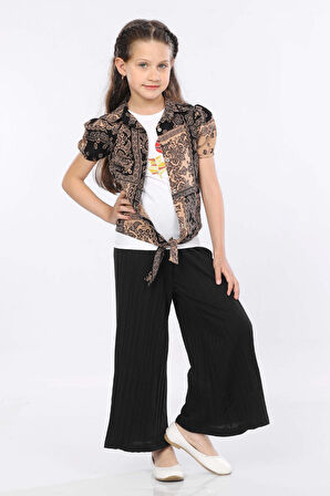 Mornio Kız Çocuk 3'lü Takım Bağlamalı Gömlek-T-shirt ve Geniş Paça Pantolon MRN2422