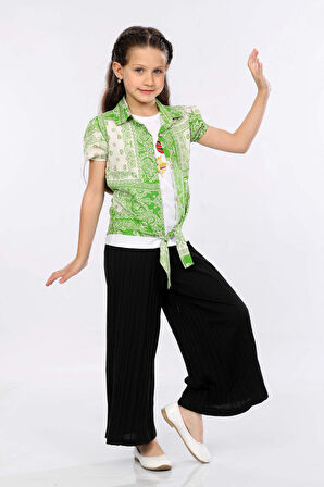 Mornio Kız Çocuk 3'lü Takım Bağlamalı Gömlek-T-shirt ve Geniş Paça Pantolon MRN2422