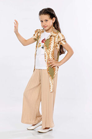 Mornio Kız Çocuk 3'lü Takım Bağlamalı Gömlek-T-shirt ve Geniş Paça Pantolon MRN2423