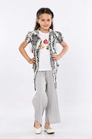 Mornio Kız Çocuk 3'lü Takım Bağlamalı Gömlek-T-shirt ve Geniş Paça Pantolon MRN2423