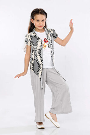 Mornio Kız Çocuk 3'lü Takım Bağlamalı Gömlek-T-shirt ve Geniş Paça Pantolon MRN2423