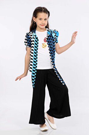 Mornio Kız Çocuk 3'lü Takım Bağlamalı Gömlek-T-shirt ve Geniş Paça Pantolon MRN2424