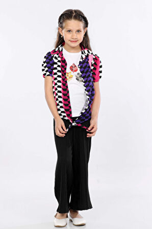 Mornio Kız Çocuk 3'lü Takım Bağlamalı Gömlek-T-shirt ve Geniş Paça Pantolon MRN2424