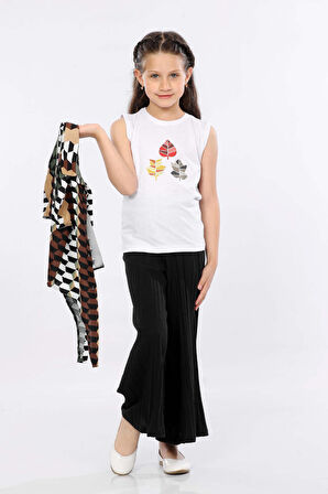 Mornio Kız Çocuk 3'lü Takım Bağlamalı Gömlek-T-shirt ve Geniş Paça Pantolon MRN2424