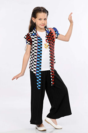 Mornio Kız Çocuk 3'lü Takım Bağlamalı Gömlek-T-shirt ve Geniş Paça Pantolon MRN2424