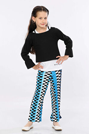 Mornio Kız Çocuk 3'lü Takım Fırfırlı Kol Sweatshirt,T-shirt ve Geniş Paça Pantolon MRN2425