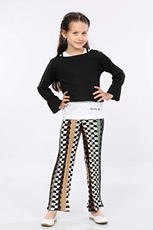 Mornio Kız Çocuk 3'lü Takım Fırfırlı Kol Sweatshirt,T-shirt ve Geniş Paça Pantolon MRN2425
