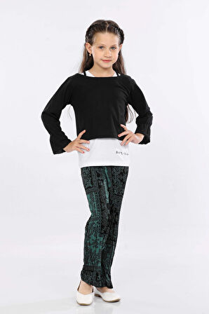 Mornio Kız Çocuk 3'lü Takım Fırfırlı Kol Sweatshirt,T-shirt ve Geniş Paça Pantolon MRN2426