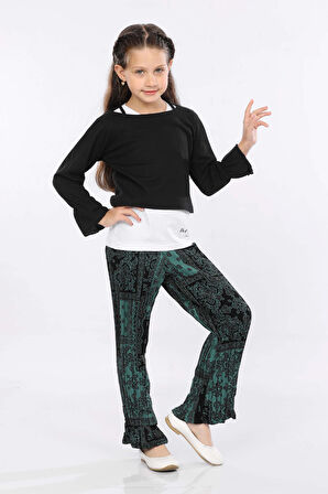 Mornio Kız Çocuk 3'lü Takım Fırfırlı Kol Sweatshirt,T-shirt ve Geniş Paça Pantolon MRN2426