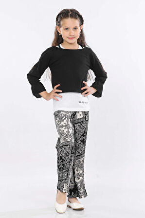 Mornio Kız Çocuk 3'lü Takım Fırfırlı Kol Sweatshirt,T-shirt ve Geniş Paça Pantolon MRN2426