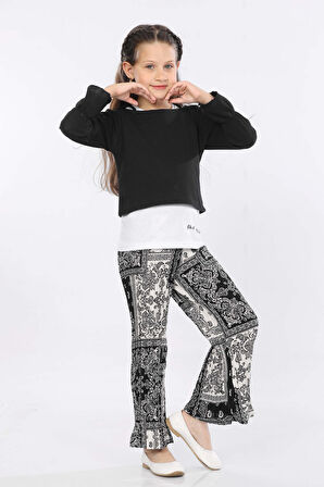 Mornio Kız Çocuk 3'lü Takım Fırfırlı Kol Sweatshirt,T-shirt ve Geniş Paça Pantolon MRN2426