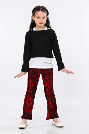 Mornio Kız Çocuk 3'lü Takım Fırfırlı Kol Sweatshirt,T-shirt ve Geniş Paça Pantolon MRN2426