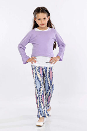 Mornio Kız Çocuk 3'lü Takım Fırfırlı Kol Sweatshirt,T-shirt ve Geniş Paça Pantolon MRN2427