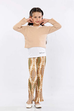 Mornio Kız Çocuk 3'lü Takım Fırfırlı Kol Sweatshirt,T-shirt ve Geniş Paça Pantolon MRN2427