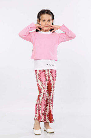 Mornio Kız Çocuk 3'lü Takım Fırfırlı Kol Sweatshirt,T-shirt ve Geniş Paça Pantolon MRN2427