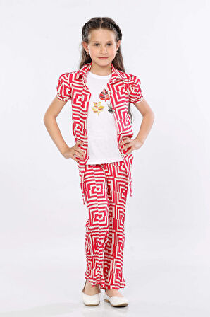 Mornio Kız Çocuk 3'lü Takım Bağlamalı Gömlek-T-shirt ve Geniş Paça Pantolon MRN2428
