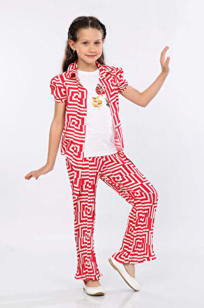 Mornio Kız Çocuk 3'lü Takım Bağlamalı Gömlek-T-shirt ve Geniş Paça Pantolon MRN2428