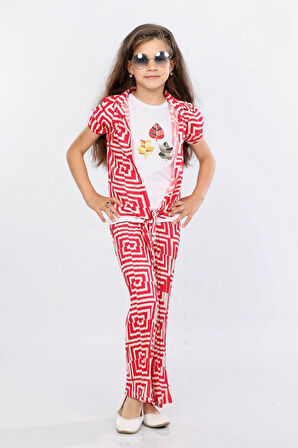 Mornio Kız Çocuk 3'lü Takım Bağlamalı Gömlek-T-shirt ve Geniş Paça Pantolon MRN2428