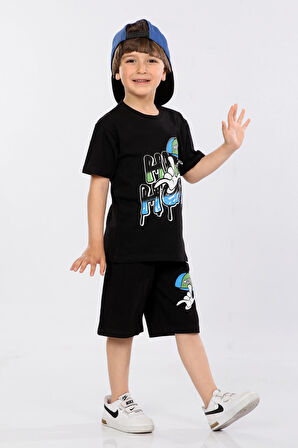 Mornio Erkek Çocuk %100 Pamuk Hip-Hop Baskılı T-shirt ve Şort 2 li Takım MRN3102728-1VF