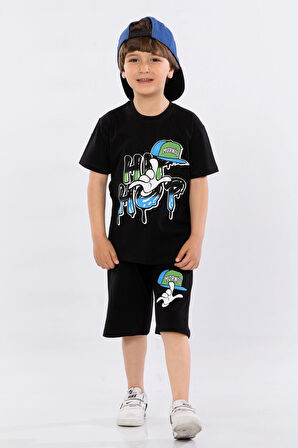 Mornio Erkek Çocuk %100 Pamuk Hip-Hop Baskılı T-shirt ve Şort 2 li Takım MRN3102728-1VF