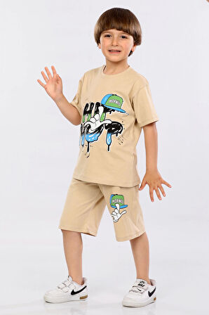 Mornio Erkek Çocuk %100 Pamuk Hip-Hop Baskılı T-shirt ve Şort 2 li Takım MRN3102728-1VF