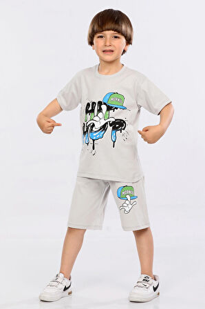 Mornio Erkek Çocuk %100 Pamuk Hip-Hop Baskılı T-shirt ve Şort 2 li Takım MRN3102728-1VF