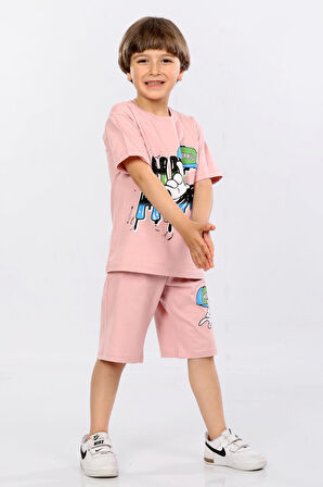 Mornio Erkek Çocuk %100 Pamuk Hip-Hop Baskılı T-shirt ve Şort 2 li Takım MRN3102728-1VF