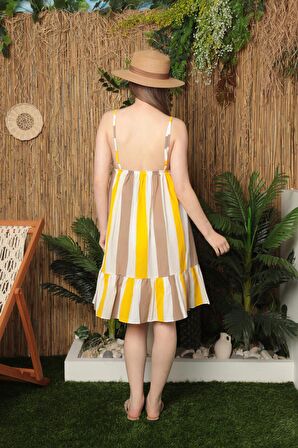 Kadın Renkli Çizgili, Ayarlanır İp Askılı, Fırfır Detaylı Yazlık Kumaş  Elbise KKTS3005