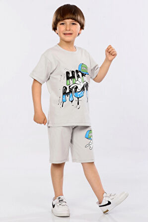 Mornio Erkek Çocuk %100 Pamuk Hip-Hop Baskılı T-shirt ve Şort 2 li Takım MRN3102728-1VF