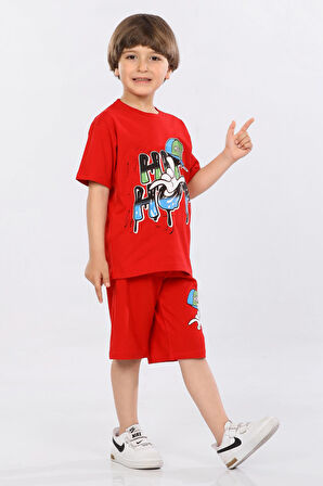 Mornio Erkek Çocuk %100 Pamuk Hip-Hop Baskılı T-shirt ve Şort 2 li Takım MRN3102728-1VF